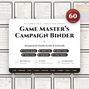 Op de afbeelding: Een digitale Game Master campagne-map voor Kindle Scribe en Colorsoft, met 464 pagina's en 19.341 links. Het bevat 60 sessie-spreads, 120 NPC-kaarten, initiatief-trackers, facties, aanwijzingen, 36 kaartrasters en 12 hand-outs voor spelers.
