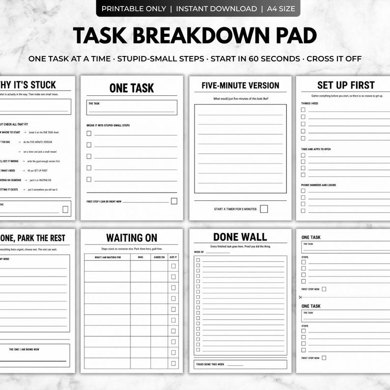 May include: A printable A4 task breakdown pad featuring eight distinct planning sheets with black text on a white background. Sections include Why It's Stuck, One Task, Five-Minute Version, Set Up First, Park The Rest, Waiting On, and Done Wall.