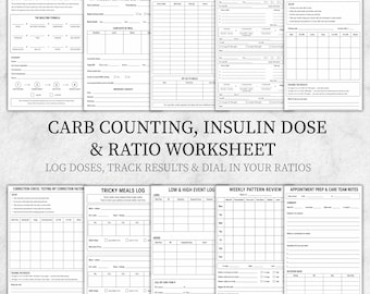 Printbaar logboek voor insulinedosering met koolhydratentelling, werkblad insuline-koolhydraatverhouding, tracker voor diabetes type 1 en type 2, maaltijdbolusdagboek (pdf)