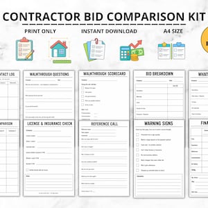 Contractor Bid Comparison Kit, Printable Hiring Contractor Checklist, Compare Renovation Quotes, Contractor Vetting Planner, Home Remodel