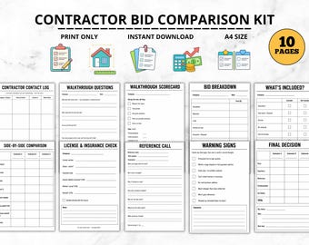 Kit voor het vergelijken van offertes van aannemers, printbare checklist voor het inhuren van een aannemer, offertes voor renovatie vergelijken, planner voor het screenen van aannemers, woningrenovatie