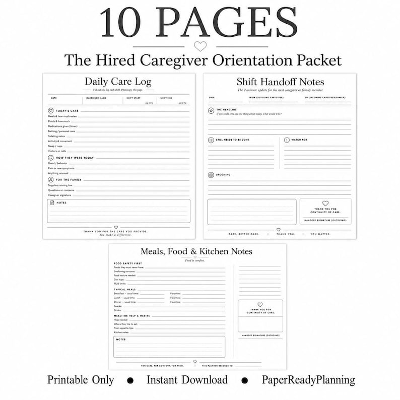 May include: A 10-page Hired Caregiver Orientation Packet featuring black text on white paper. Includes a Daily Care Log, Shift Handoff Notes, and Meals, Food & Kitchen Notes. Each form contains structured fields for tracking care, notes, and signatures.