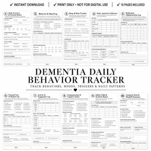 Può includere: Un set stampabile di dieci pagine per il monitoraggio quotidiano del comportamento in caso di demenza, con testo nero su carta bianca. Ogni pagina include registri strutturati per riepilogo giornaliero, umore, sonno, pasti e assistenza.