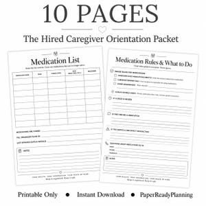 May include: A 10-page hired caregiver orientation packet featuring two white printable forms. One page is a Medication List with columns for name, dose, and prescriber. The other is Medication Rules & What to Do with checkboxes and lines for notes.