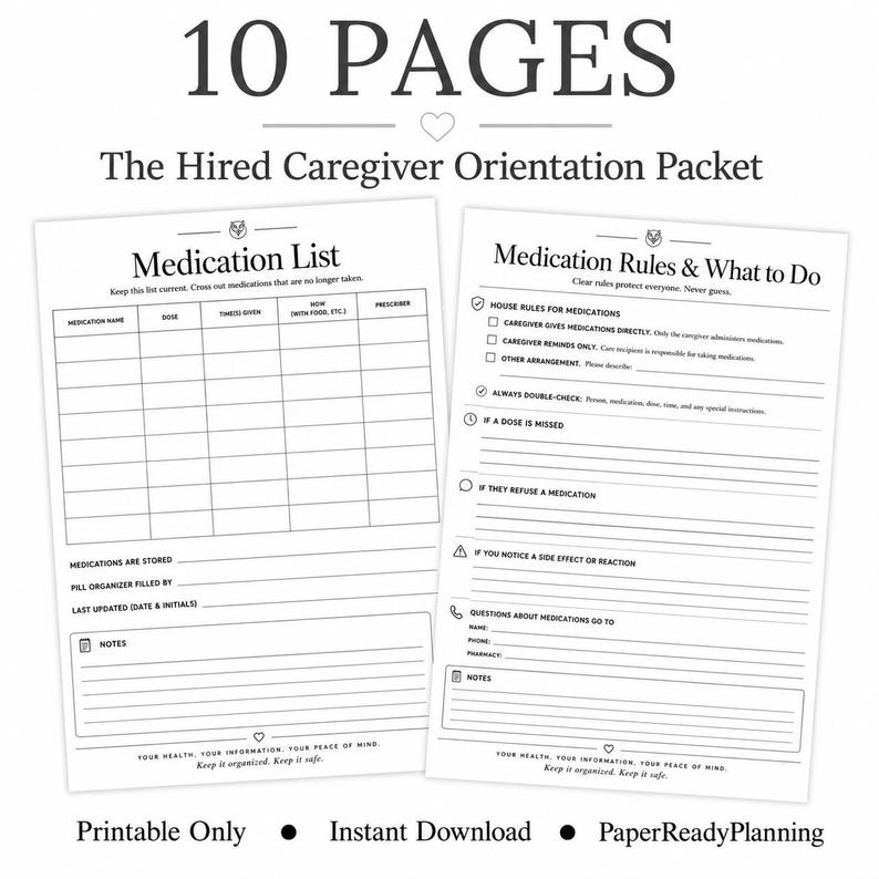May include: A 10-page hired caregiver orientation packet featuring two white printable forms. One page is a Medication List with columns for name, dose, and prescriber. The other is Medication Rules & What to Do with checkboxes and lines for notes.