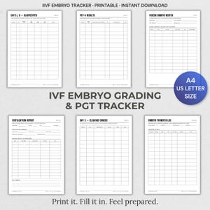 Può includere: Un set di sei documenti stampabili per il monitoraggio della FIV in bianco e nero, inclusi Day 5/6 Blastocysts, PGT-A Results, Frozen Embryo Roster, Fertilization Report, Day 3 Cleavage Grades e Embryo Transfer Log, in formato A4 e US Letter.