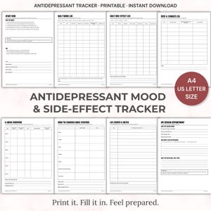 May include: A printable antidepressant mood and side-effect tracker with eight distinct pages. Sections include a start guide, daily mood and side-effect logs, dose changes, a 6-week overview, life events, and a review appointment form in US letter size.