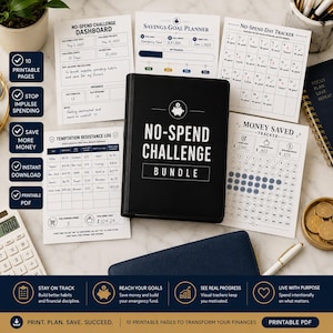 Può includere: Un raccoglitore nero con l'etichetta No-Spend Challenge Bundle circondato da vari fogli di monitoraggio finanziario, tra cui una dashboard per le sfide, un pianificatore di risparmi, un tracker giornaliero, un registro delle tentazioni e un tracker dei risparmi.