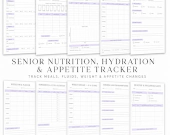 Voedings-, hydratatie- en eetlusttracker voor senioren, logboek voor maaltijd- en vochtinname voor ouderen, gewichtsgrafiek voor mantelzorgers van mensen met dementie, printbaar voedingsdagboek