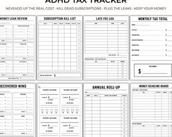 Printbare abonnementstracker, tool om geldlekken te vinden, lijst met opzegbare abonnementen, overzicht van rekeningen en uitgaven, uitgavenlogboek, printbare tool voor ADHD