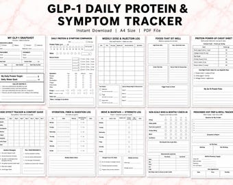 Printbare GLP-1 eiwit- en symptoomtracker, Ozempic Wegovy Mounjaro Zepbound planner, logboek voor gewichtsverliesinjecties en voedingsdagboek