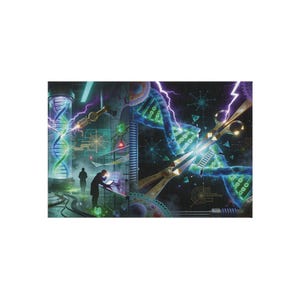 Könnte beinhalten: Eine Science-Fiction-Illustration zeigt ein futuristisches Labor mit Wissenschaftlern, DNA-Strängen und Blitzen. Eine große Schere schneidet durch eine DNA-Doppelhelix. Die Szene ist voller lebendiger Farben, darunter Blau, Grün und Gold.
