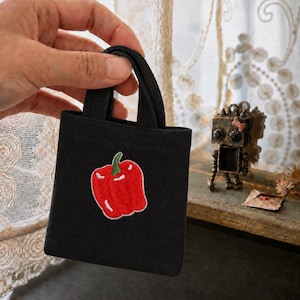 Iron-on Embroidery Patch Tote Bag, Appliqué Chili & Bell Pepper  Doll Bag, Black ature Canvas Bag, Multi-Use DIY ,Blythe dollhouse decor