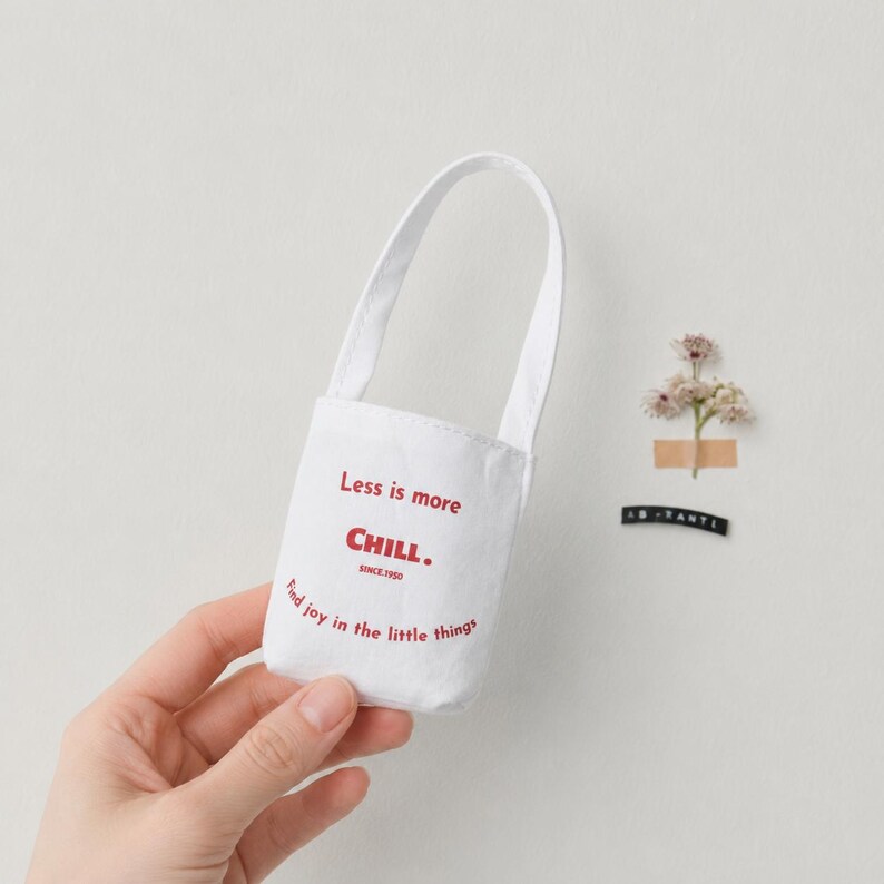 White miniature canvas tote bag held by hand against a wall with small flower decor.