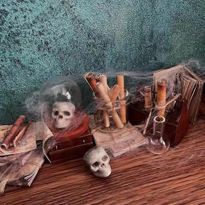 1:12 Scale Alchemy Lab Diorama Set, Gothic Estate Wizard Magic Study, Halloween Collector Potion & Spellbook Props, Gothof Dollhouse Decor