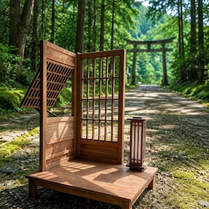 May include: A miniature wooden platform featuring a hinged lattice wall panel and a vertical grid screen. A small, rectangular wooden lantern with a white translucent panel sits on the floorboards, creating a detailed architectural display piece.