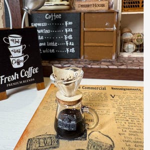 1/6 Miniature Pour Over Coffee Maker Set, vintage hand drawn pattern Glass with Coffee Beans & Filter Paper, Dollhouse Kitchen Accessories,