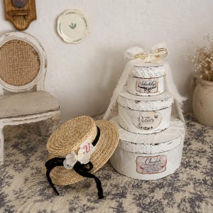 May include: A miniature straw hat with a black ribbon, white flowers, and a small tag with the letter V, placed next to a stack of three round white boxes. The boxes feature lace trim, a gold safety pin, and labels reading Shabby, Butterfly, and Chocolate.