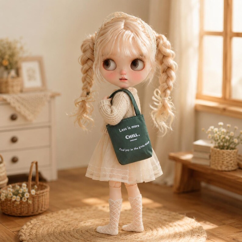 Green miniature canvas tote bag worn by a doll in a cozy bedroom scene.