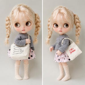 1:6 Cotton Canvas Mini Tote Bags, Red Bow and Literary Styles for Blythe BJD Outfits, Fashion Doll Shopping Scene, Collector Gift