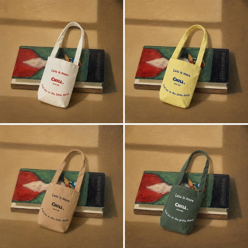 Miniature canvas tote bag shown in hand with yellow, white, beige, and green color options in the backg