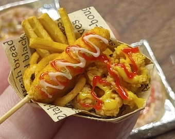 Set di pollo fritto e bastoncini per hot dog in miniatura in scala 1:6 e 1/12, cibo di strada finto per casa delle bambole, piccolo accessorio di fast food per BJD Blythe Barbie