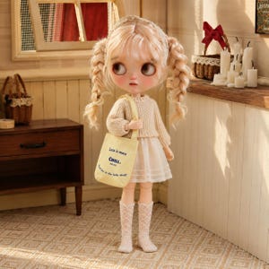 Yellow miniature canvas tote bag worn by a doll in a warm dollhouse room scene.