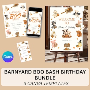 May include: A digital birthday party stationery bundle featuring a Barnyard Boo Bash theme with watercolor illustrations of farm animals in Halloween costumes, including a cow, pig, and sheep, alongside text templates for invitations and signs.