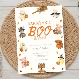 May include: A white rectangular invitation card titled BARNYARD BOO BASH! featuring watercolor illustrations of farm animals in Halloween costumes, including a ghost duck, a vampire lamb, a witch donkey, and a pig with a trick-or-treat basket.