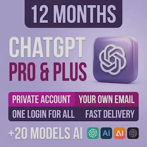 Może przedstawiać: Grafika cyfrowa z tekstem 12 MONTHS, CHATGPT PRO & PLUS, PRIVATE ACCOUNT, YOUR OWN EMAIL, ONE LOGIN FOR ALL, FAST DELIVERY oraz +20 MODELS AI. Fioletowa kwadratowa ikona z białym logo znajduje się obok czterech małych ikon sztucznej inteligencji.