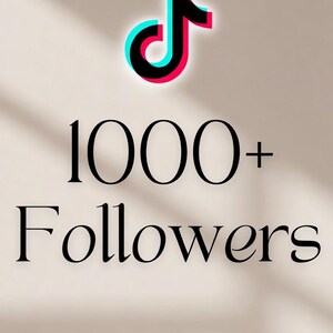 May include: Image featuring the TikTok logo in red, blue, and black, with the text "1000+ Followers" and the word "HOOKNICE" in a serif font against a beige backdrop.