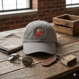 May include: A light gray baseball cap featuring a circular patch on the front. The patch displays a red firecracker illustration with a lit fuse, surrounded by the text FIRECRACKER and WARNING in a bold, dark circular border design.