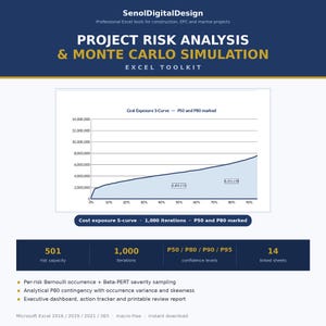 Op de afbeelding: Een digitale Excel-toolkit voor projectrisicoanalyse en Monte Carlo-simulatie door SenolDigitalDesign. Het bevat een S-curve grafiek voor kostenblootstelling met P50- en P80-markeringen, 1.000 iteraties, 501 risicocapaciteit en 14 gekoppelde bladen.