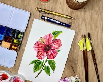 Hibiscus à l’aquarelle, fait main, format A5