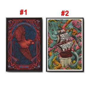 May include: Two rectangular posters labeled #1 and #2. Poster #1 features a red cardinal bird in a dark blue and red ornate frame with the text July 14 2026. Poster #2 depicts a green panther, a ship, and a bird with the text Billy Strings Summer 2026.