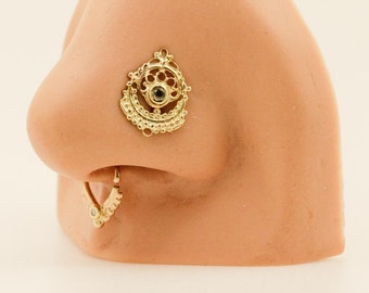 Gold nose stud- big and unique with black diamond