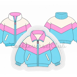 May include: Three illustrations of jackets featuring a color-blocked design in light blue, pink, and cream. The jackets have long sleeves, ribbed cuffs, and collars. One jacket is a zip-up style, while the others feature different collar designs.