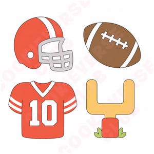 May include: A set of four American football themed cookie cutters including a red helmet with a white stripe, a brown football with white laces, a red jersey with the number 10 in white, and a yellow goal post on a small green base.