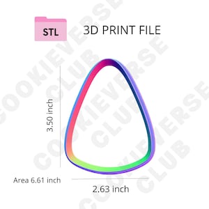 May include: A triangular cookie cutter with rounded corners featuring a gradient of pink, purple, and green colors. The image includes the text STL 3D PRINT FILE, a height of 3.50 inch, a width of 2.63 inch, and an area of 6.61 inch.