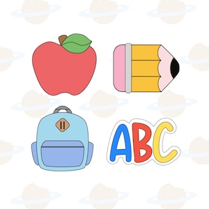 May include: A set of four school-themed items including a red apple with a green leaf, a yellow pencil with a pink eraser, a light blue backpack with a front pocket, and the letters ABC in blue, red, and yellow with a white outline border.