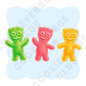 May include: Three gummy candies shaped like small figures, each with a smiling face and a textured, sugar-coated surface. The figures are colored bright green, vibrant red, and golden yellow, arranged in a horizontal row against a light blue background.