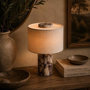Luxury Calcatta Viola Marble Table Lamp With Fabric Shade