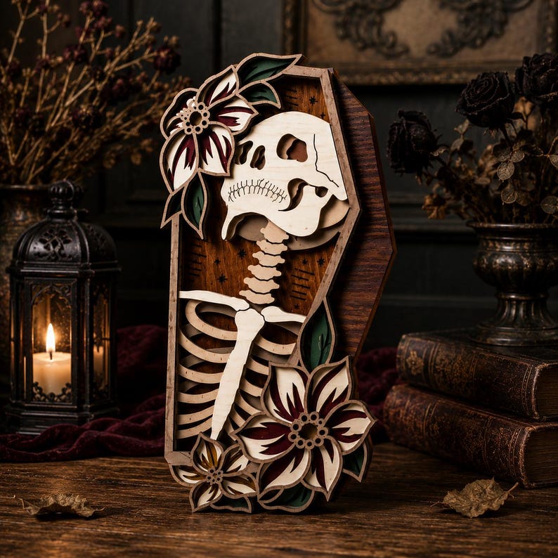 May include: A layered wooden wall art piece shaped like a coffin, featuring a light-colored skeleton silhouette against a dark wood background. The design is accented with multi-layered floral motifs in cream, dark red, and green tones.