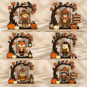 May include: A set of six decorative wooden tabletop displays featuring autumn themes. Each piece depicts a character like a scarecrow, bear, fox, hedgehog, owl, or raccoon on a swing under a tree with orange leaves, pumpkins, and lanterns.
