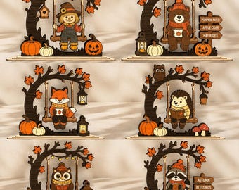 Autumn Tree Swing Shelf Sitter SVG Bundle | Fall Woodland Animals Laser Cut File | Layered Wood Decor | Glowforge xTool Cricut SVG