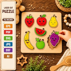 Peut inclure: Un plateau de puzzle en bois avec des pièces colorées en forme de fruits, notamment une fraise, une pomme, une poire, une banane, une tranche de pastèque et du raisin. Le panneau inclut des étiquettes pour les formats EPS, PDF, SVG, JPG, DXF et AI.
