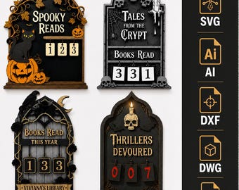 May include: Four decorative tombstone-shaped book trackers with digital file format icons on the right. Designs feature Halloween motifs like black cats, pumpkins, skulls, candles, and ravens, with text including Spooky Reads, Tales from the Crypt, Books Read This Year, and Thrillers Devoured.