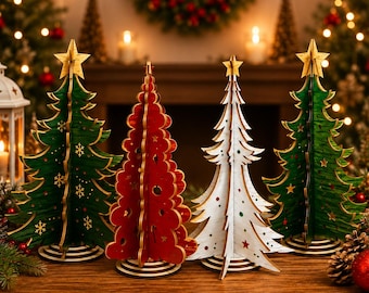 May include: Four freestanding decorative Christmas tree ornaments made of layered wood. Two trees are green with gold star and snowflake cutouts, one is red with circular and candy cane cutouts, and one is white with small red and green star accents.