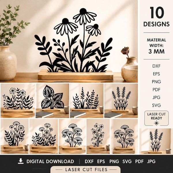 Paquete de 10 archivos SVG de decoración floral para soportes, archivos de corte láser, decoración de estantes con flores en 3D.