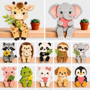 May include: A collection of twelve wooden animal figurines including a giraffe, elephant, raccoon, hedgehog, panda, sloth, koala, pig, dinosaur, cat, dog, and penguin. Each animal is depicted in a sitting position, holding various items like hearts, flowers, leaves, or a bone.